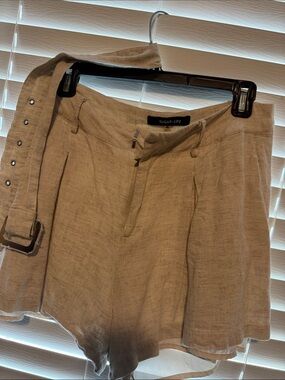 Sugarlips Beige Linen-Blend Chino Shorts with Belt